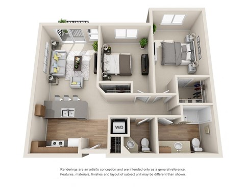 Floor plan for 2 beds, 1.5 baths, 1000 sqft